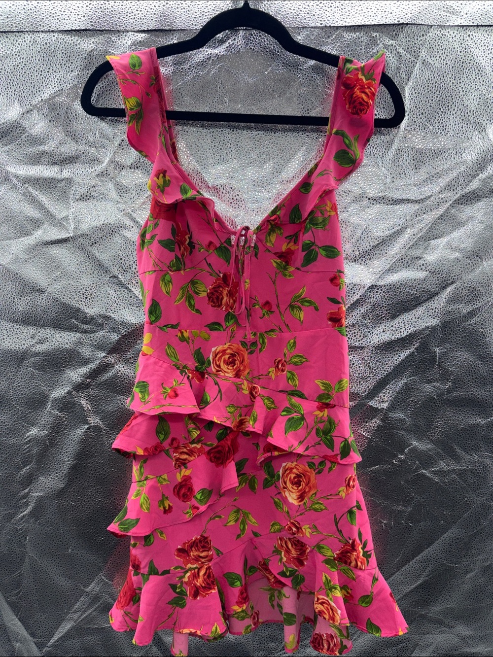 Signature8 Hot Pink Floral Dress with Green Leaf Accents